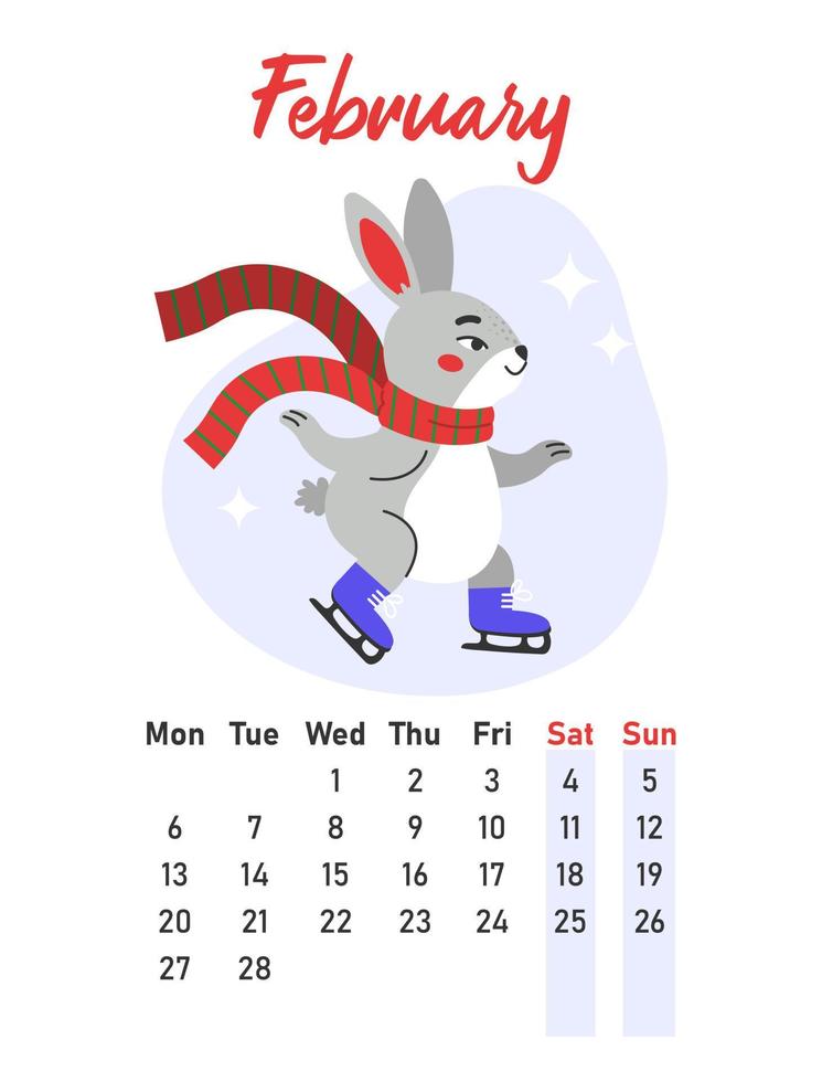 februari 2023 kalender. de hare med en scarf är skridskoåkning i vinter. platt vektor illustration.