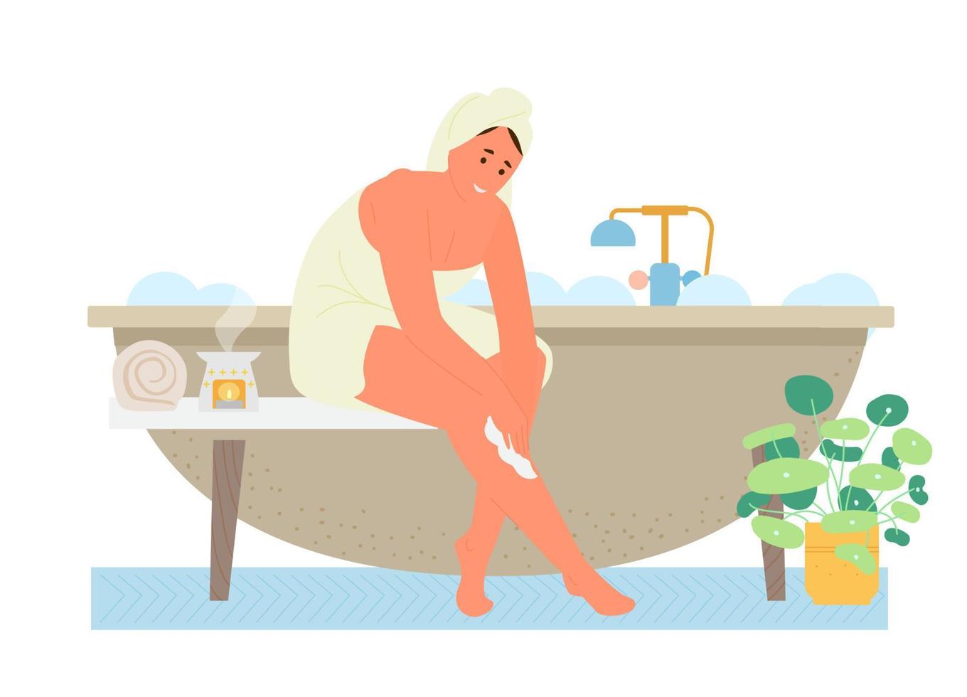 selbstpflege und zeit für sich selbst flache vektorillustration. Frau im Handtuch im Badezimmer legt Körpercreme auf. vektor