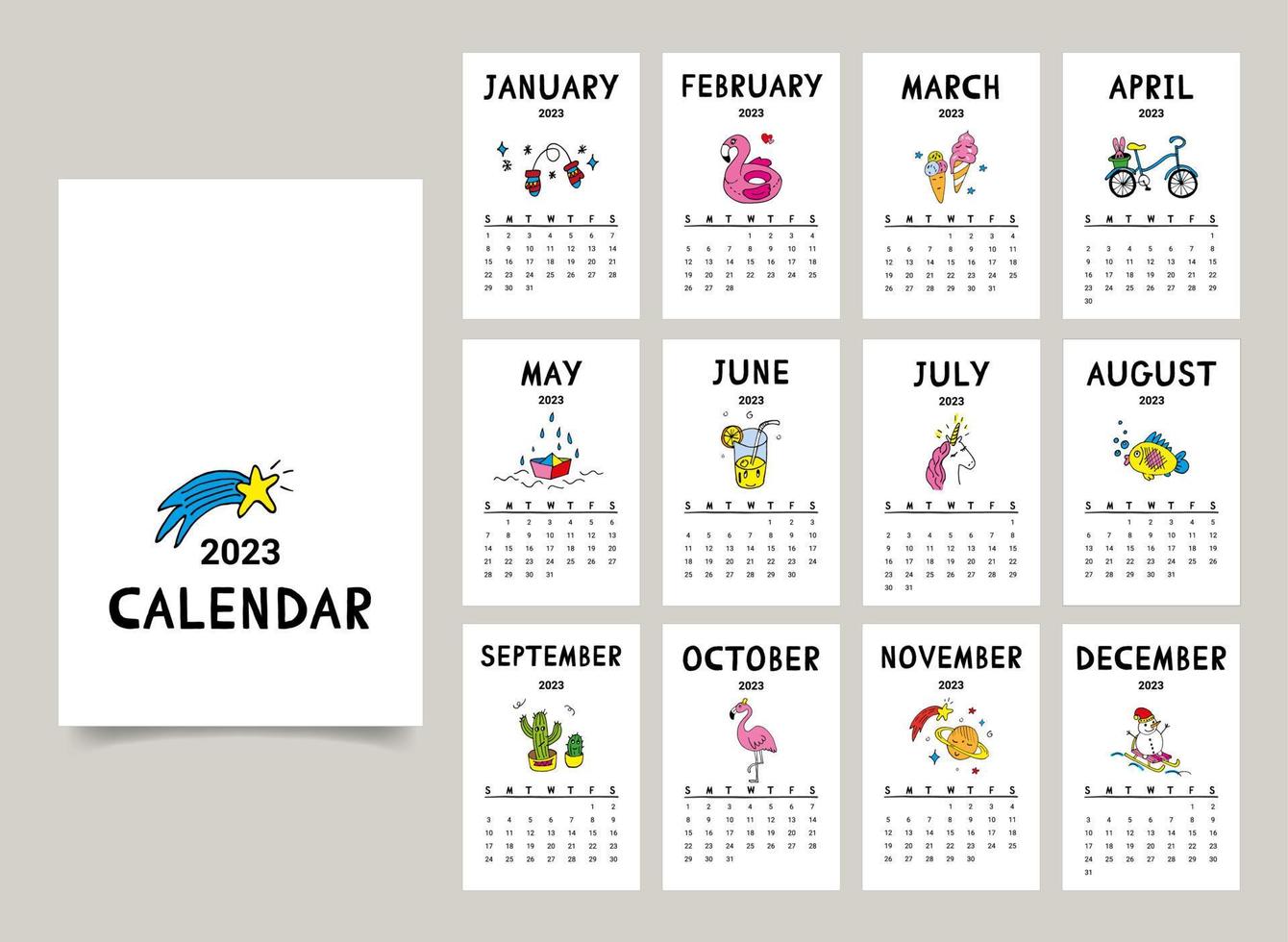 2023 kalender design med rolig klotter vektor