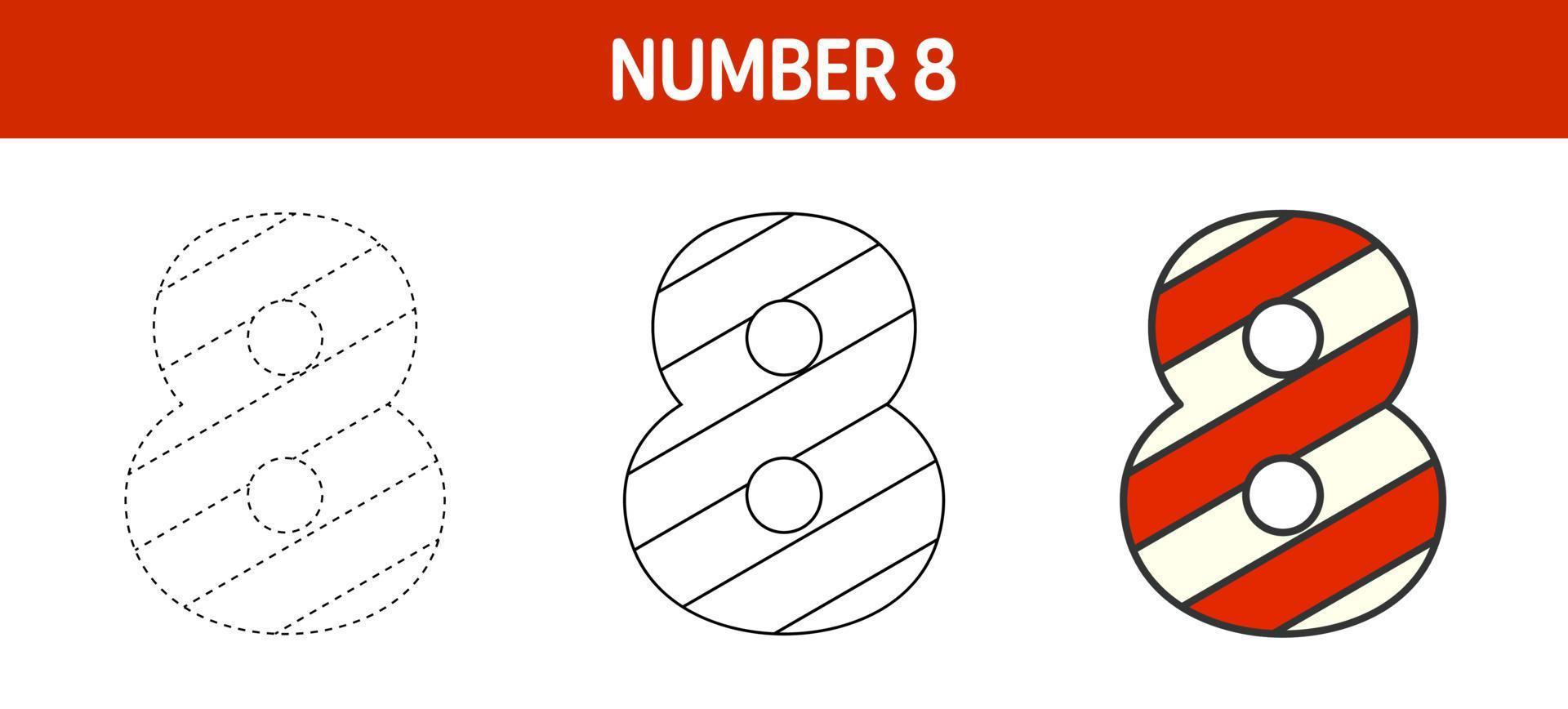 nummer 8 zuckerstange, verfolgungs- und farbarbeitsblatt für kinder vektor