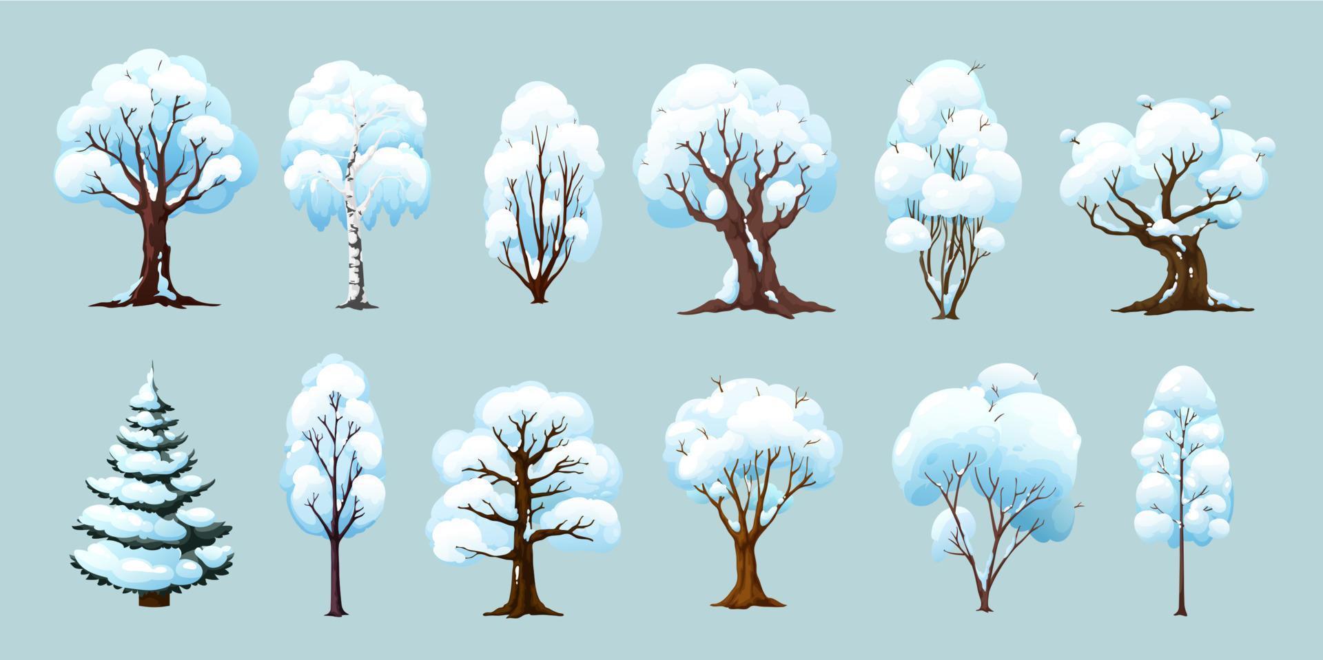 karikaturwinterbäume, isolierte pflanzen mit schnee vektor