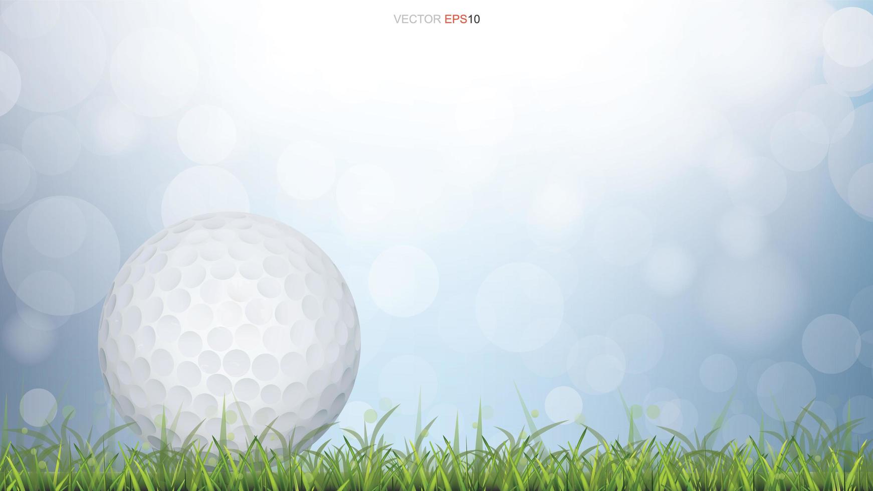 golfboll på grönt gräsfält med blå bokeh vektor