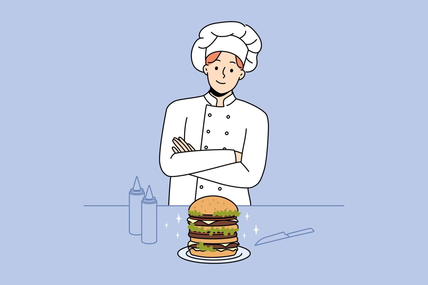 stolzer männlicher koch kocht burger in der bar oder im café. lächelnder mann in uniform, der mahlzeit im amerikanischen stil zubereitet. Fast Food im Restaurant. Vektor-Illustration. vektor