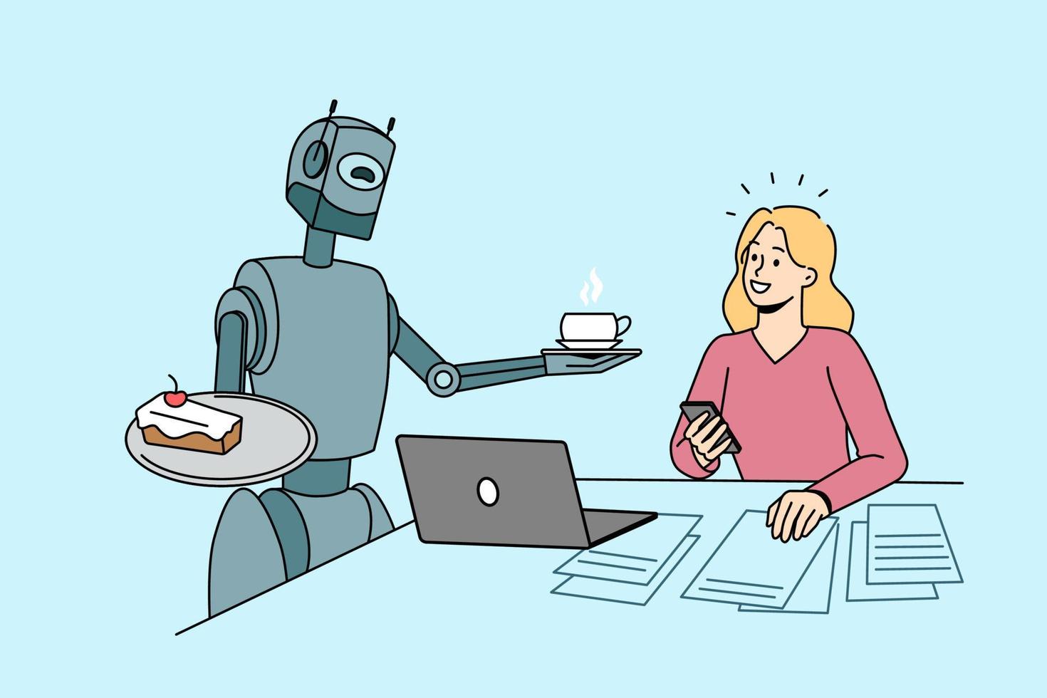 framtida teknik och artificiell intelligens begrepp. leende flicka Sammanträde arbetssätt och tar kaffe och kaka från robot bot kommunicerar med henne vektor illustration