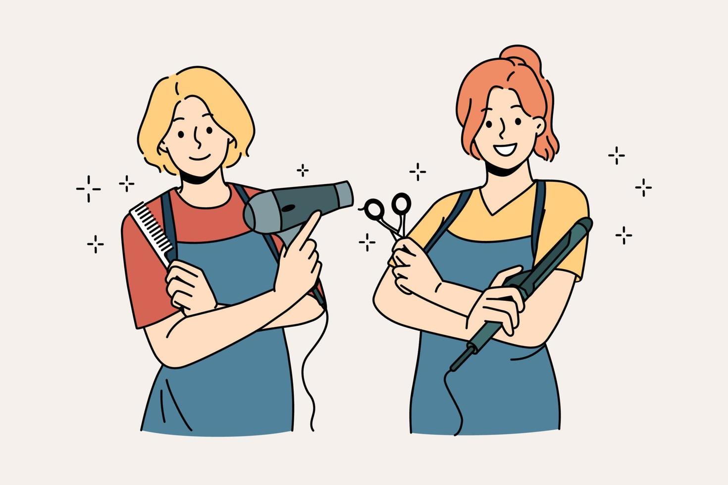 arbetssätt som frisör i salong begrepp. två ung leende flickor bär förkläden stående innehav arbetssätt verktyg i frisering salong vektor illustration