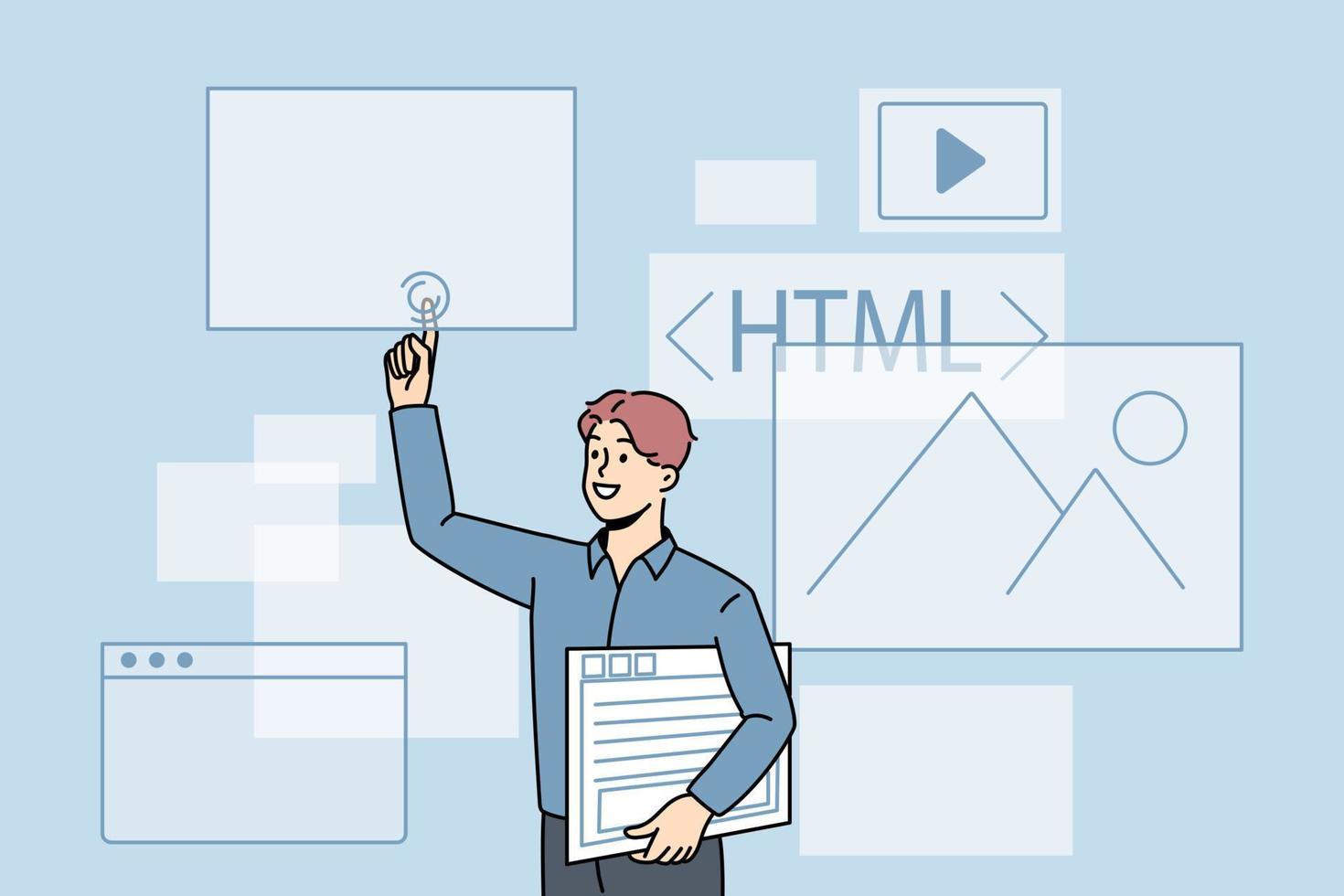 dator programmering och html begrepp. ung man webb designer dator programmerare stående och pekande på e-postmeddelanden html och grafik vektor illustration