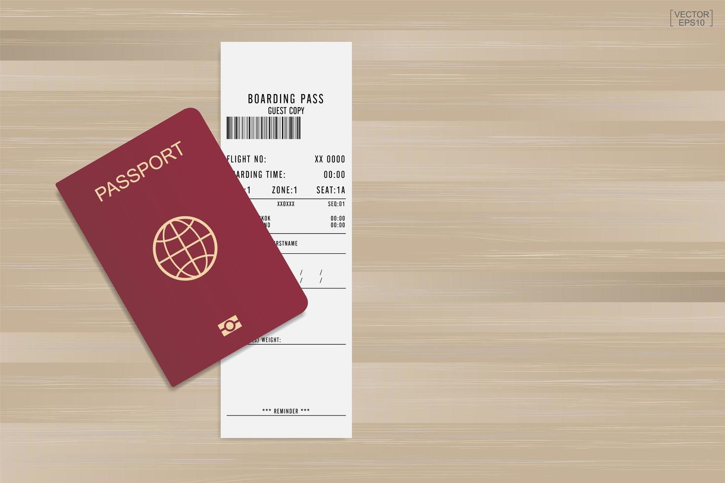 pass och boardingkortbiljett på trä vektor