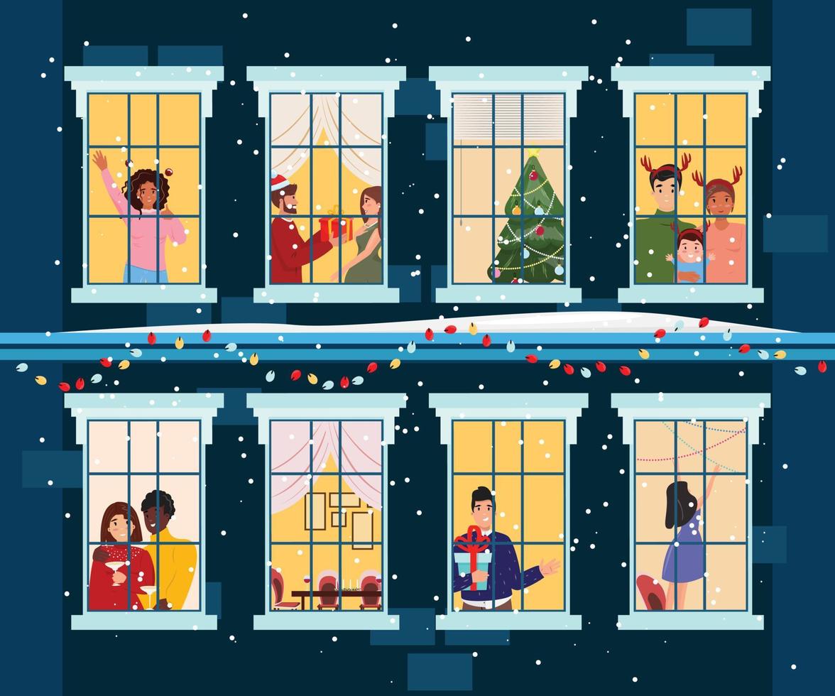 skön platt tecknad serie illustration med människor i de fönster fira jul. byggnad på natt med människor ser genom de fönster och fira jul och Lycklig ny år. vektor