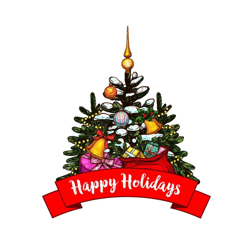 weihnachtsbaum mit geschenk- und glockengrußkarte vektor