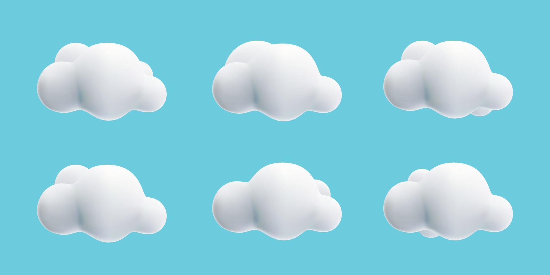 3D weiße, flauschige Wolken-Cartoon-Stilsammlung auf blauem Himmel vektor