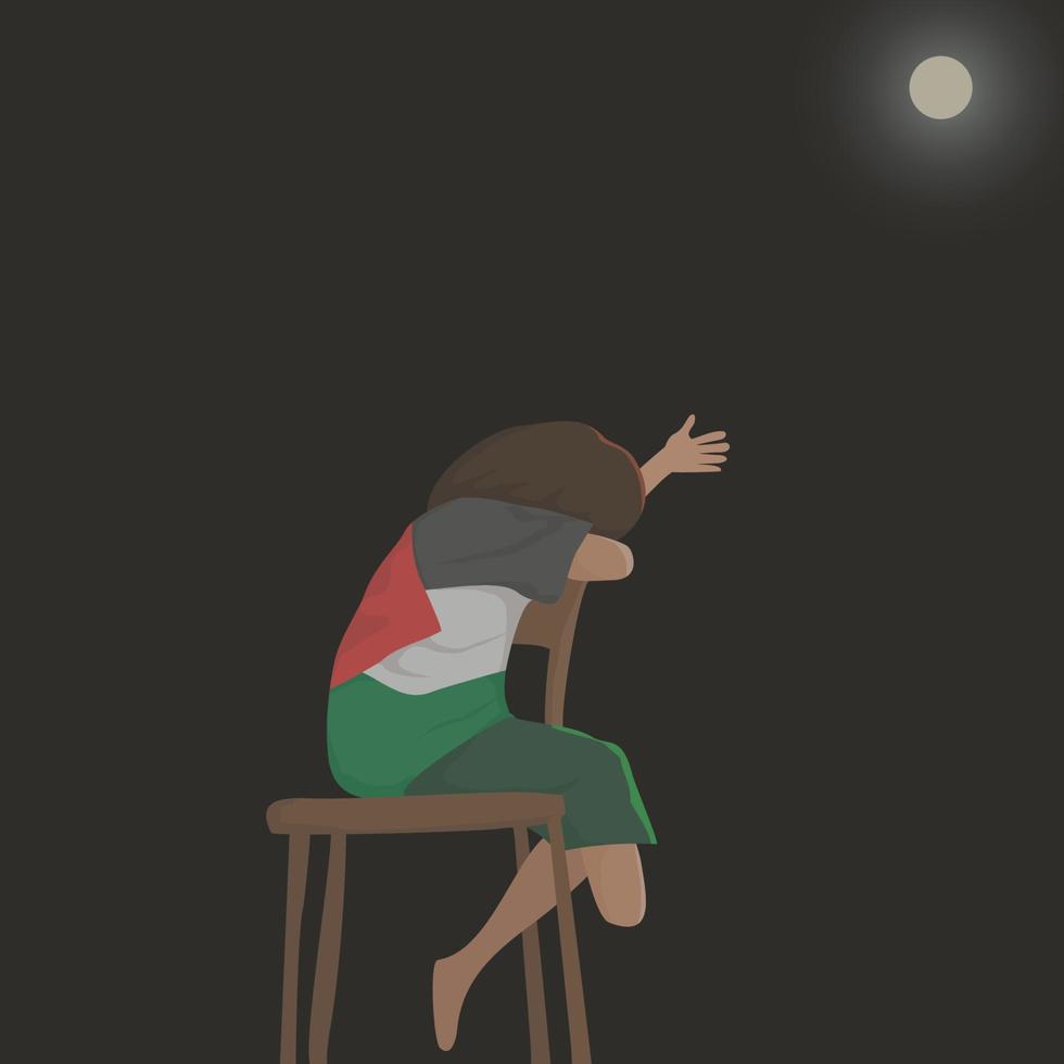 illustration av en gaza-palestinska barn bär en palestinsk flaggmönstrad skjorta Sammanträde eftertänksamt ser på de måne på en stol med ett ben stubbe. vektor