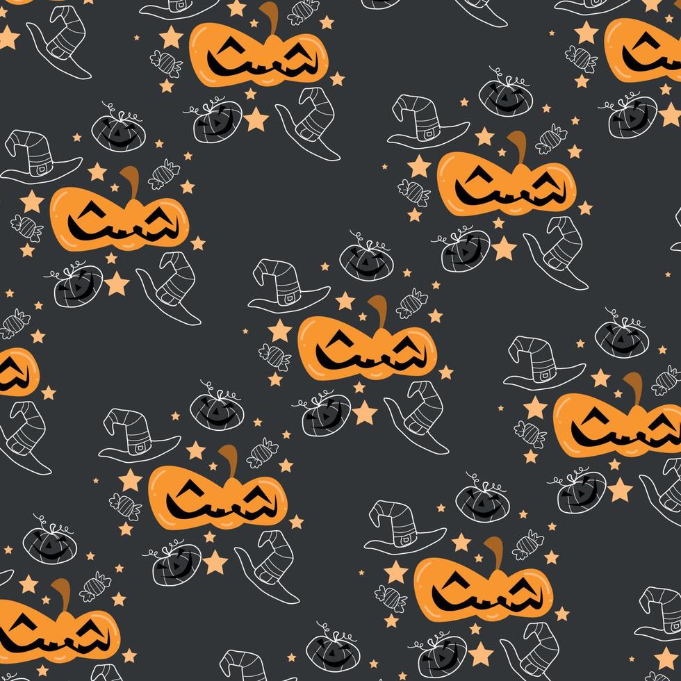 Musterset mit magischen Hüten. vektorillustration eines hexenhutes, einer süßigkeit, eines kürbises und eines sternes. Halloween-Set für originelles Design vektor