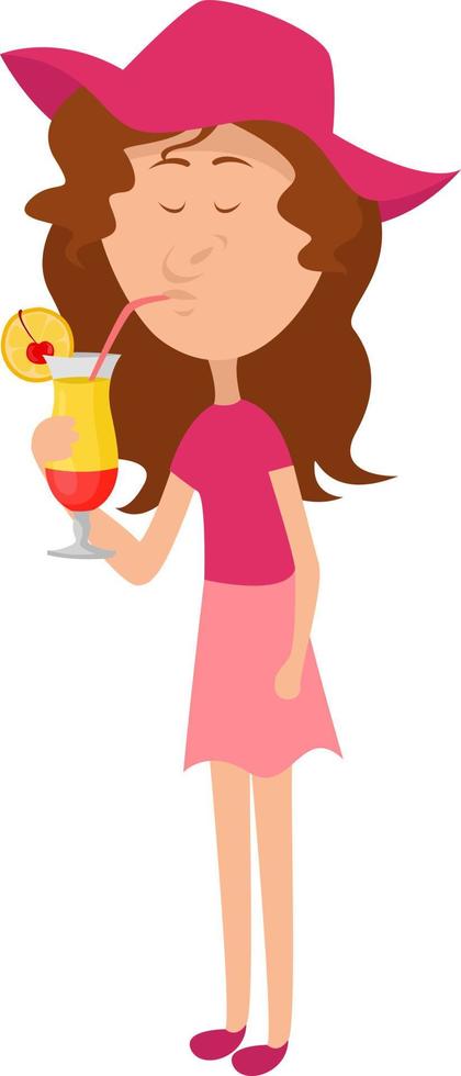 Mädchen trinkt Cocktail, Illustration, Vektor auf weißem Hintergrund.