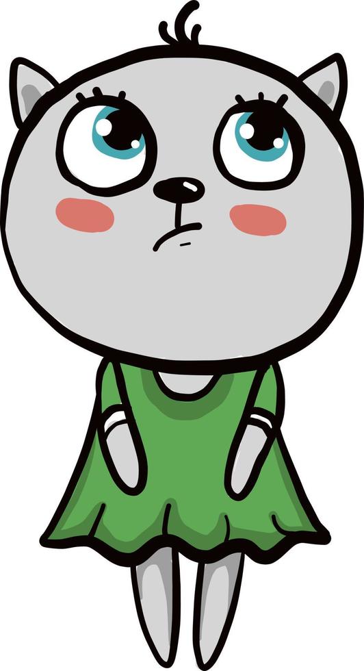 Katze mit grünem Kleid, Illustration, Vektor auf weißem Hintergrund
