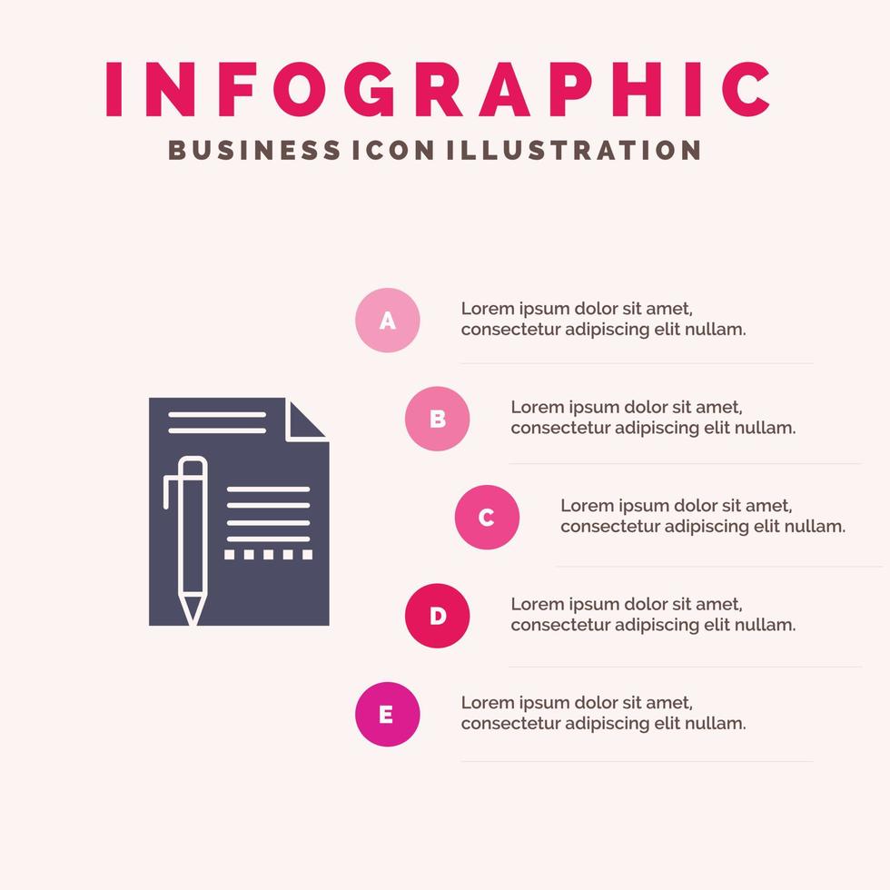 dokumentera redigera sida papper penna skriva fast ikon infographics 5 steg presentation bakgrund vektor