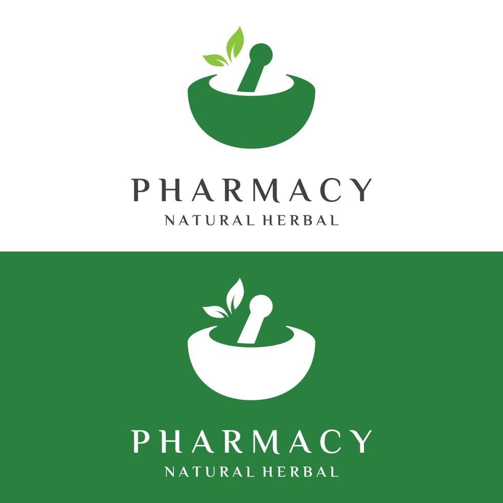 apotek logotyp mall design med skål och krossas ört- medicin.logotyper för medicin, läkare, sjukhus och apotek. vektor