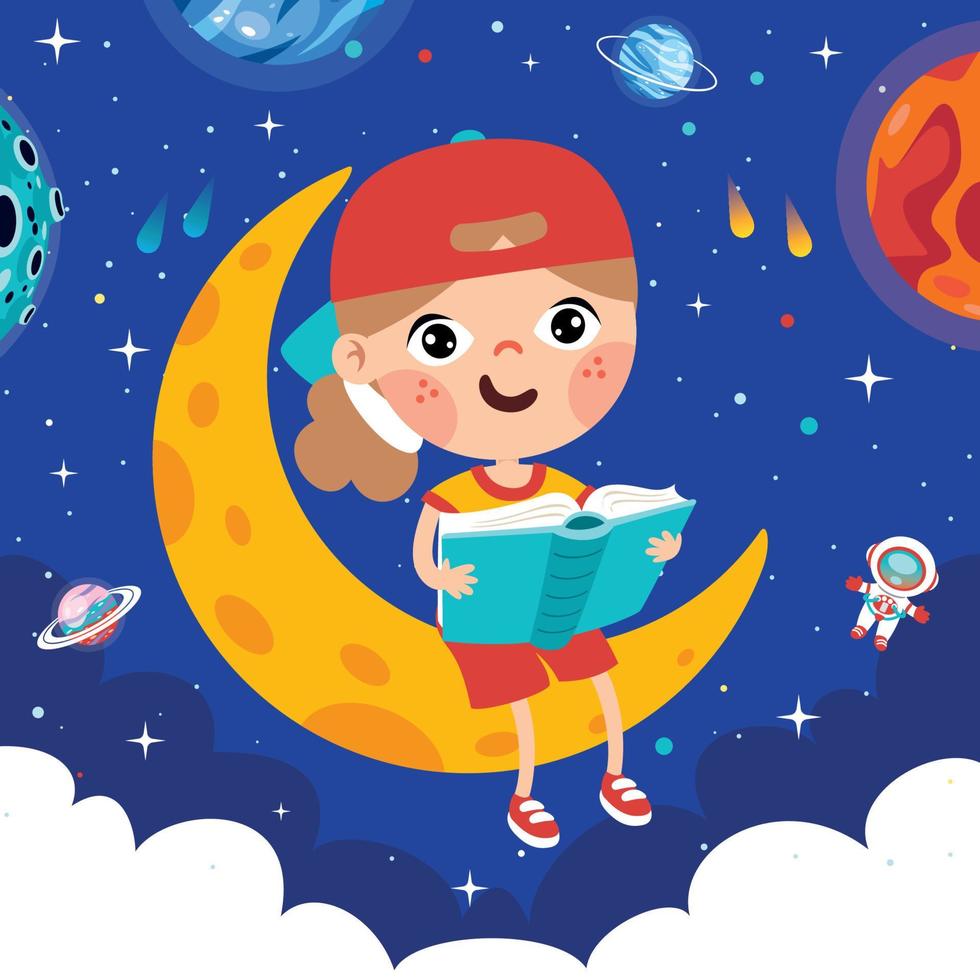 Kind sitzt auf dem Mond und liest ein Buch vektor