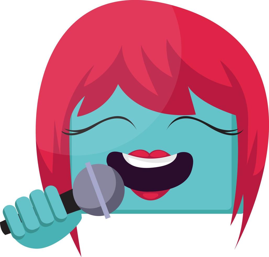 quadratisches blaues weibliches Emoji-Gesicht mit rosa Haaren, das in Mikrofonvektorillustration auf einem weißen Hintergrund singt vektor