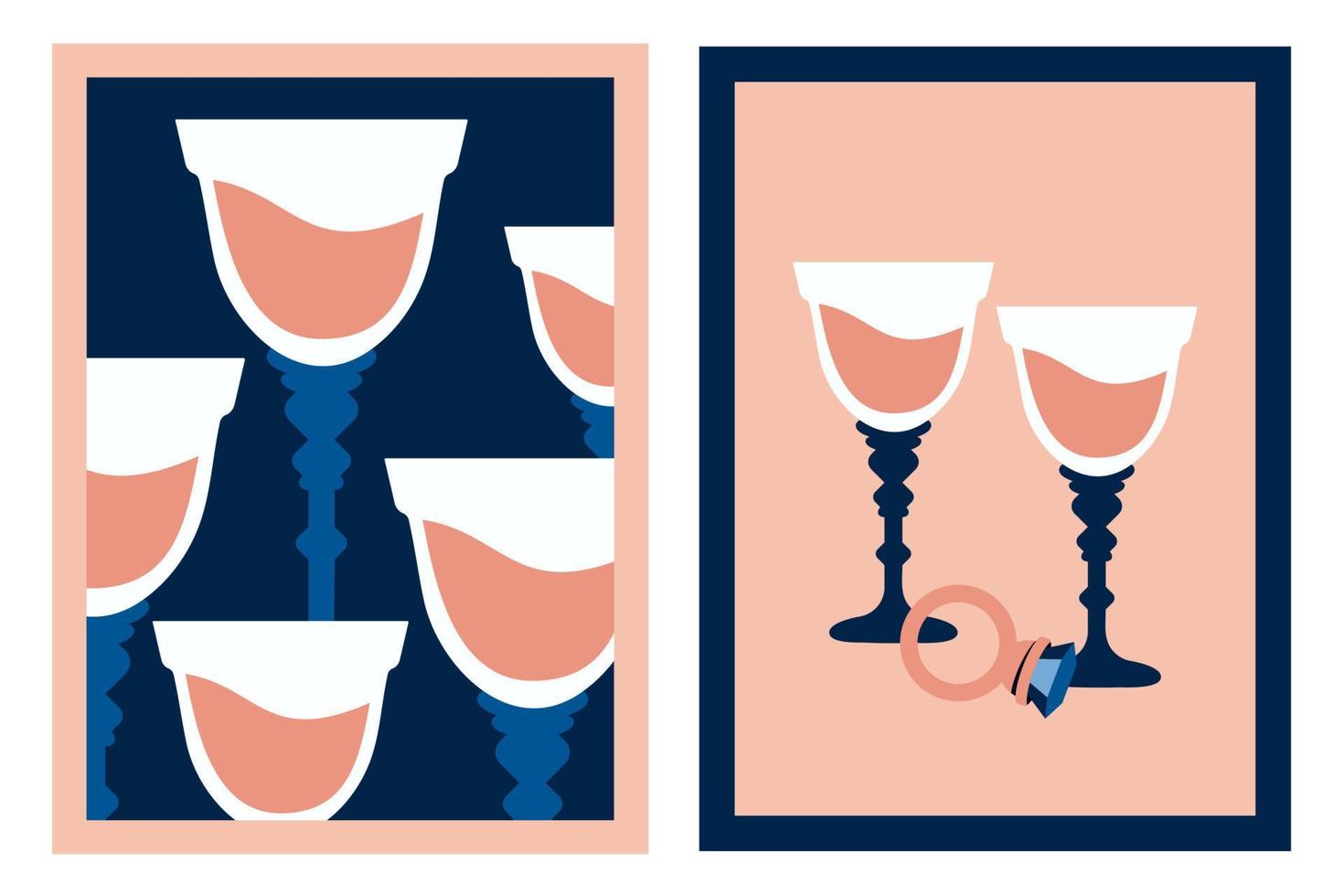 samling av modern affischer. eleganta trendig kort med glas av vin, cocktail, diamant, ringa. vektor platt illustration för hjärtans dag, högtider, gåva, romantisk middag, fest, bröllop, dejting