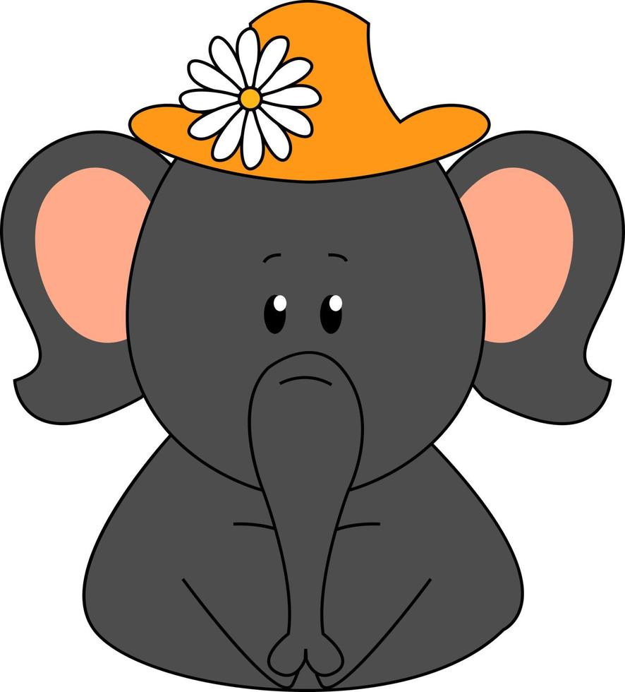 Elefant trägt einen Hut mit Blume, Illustration, Vektor auf weißem Hintergrund.