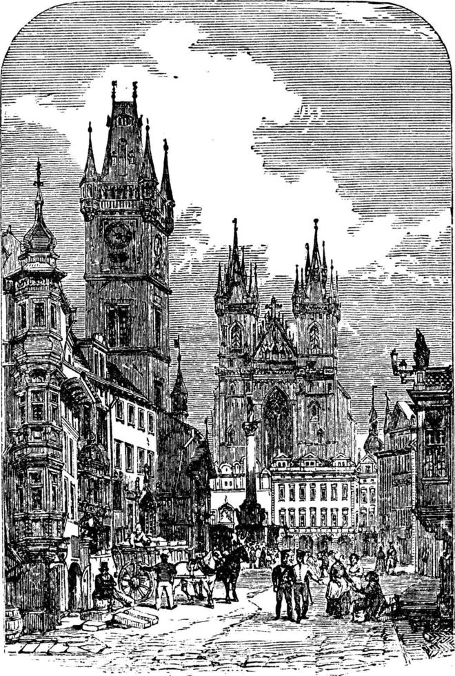 Ansicht in Prag, Vintage Illustration. vektor