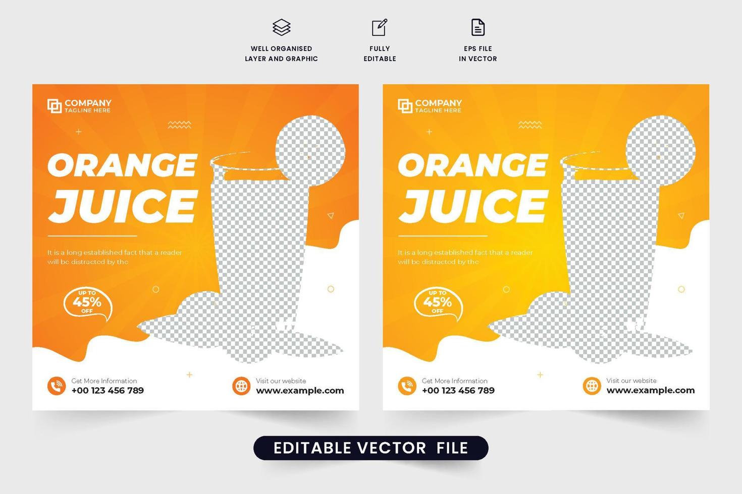 Orangensaft-Werbebanner-Design für Restaurants und Cafés. Getränkeverkaufsvorlagenvektor für Social Media Marketing. orangensaftverkaufsrabattschablonendesign mit abstrakten formen. vektor