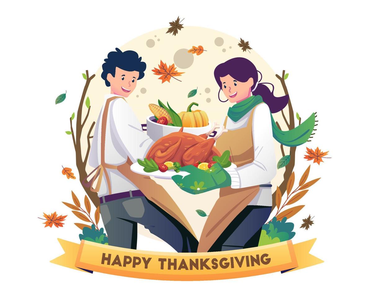 Thanksgiving-Dinner-Konzept mit dem Paar, einem Mann und einer Frau, die Gerichte für die Thanksgiving-Feiertagsfeier oder das Abendessen zubereiten und servieren. Vektor-Illustration vektor