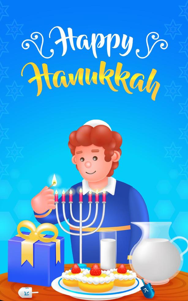 Lycklig Hanukkah, 3d ung man belysning ljus. lämplig för evenemang vektor