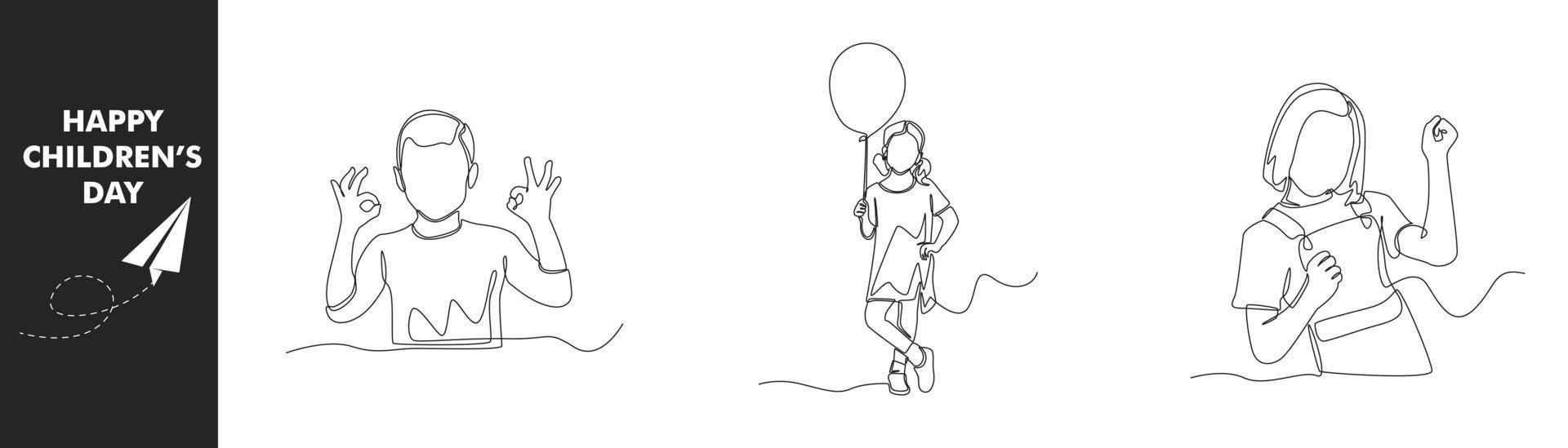 enda ett linje teckning barn dag begrepp uppsättning. Lycklig pojke och flicka i barn dag. ballonger och stiga händer ok. kontinuerlig linje dra design grafisk vektor illustration.