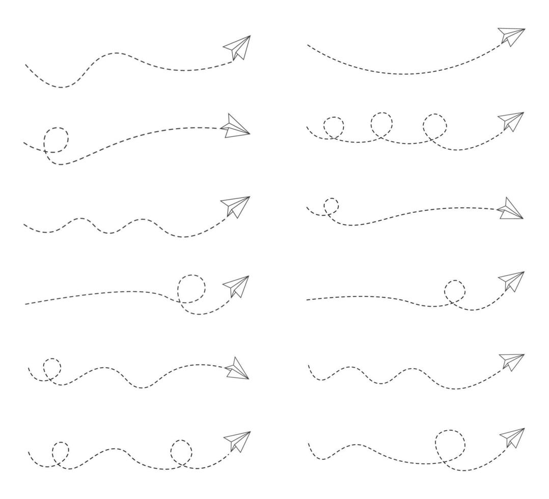 satz der gestrichelten linie papierflugzeugroute vektor