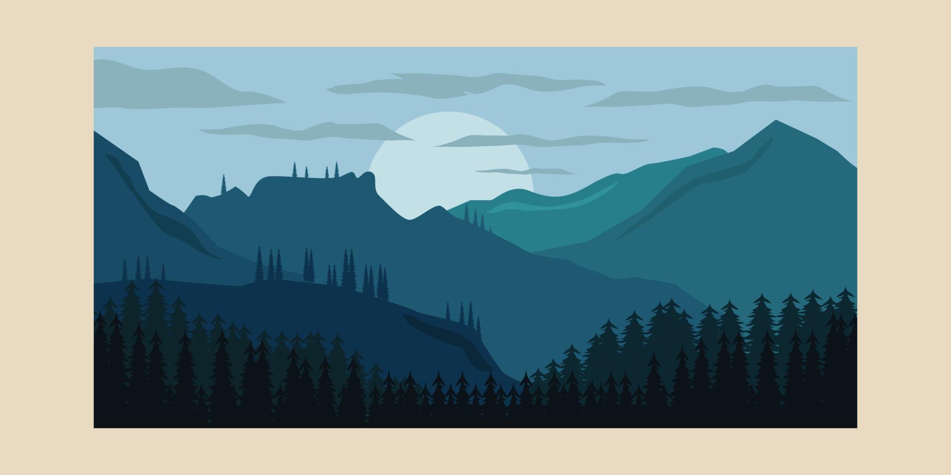 Landschaftsgebirgsweinleseplakat, Kiefernwaldhintergrund-Illustrationsdesign vektor