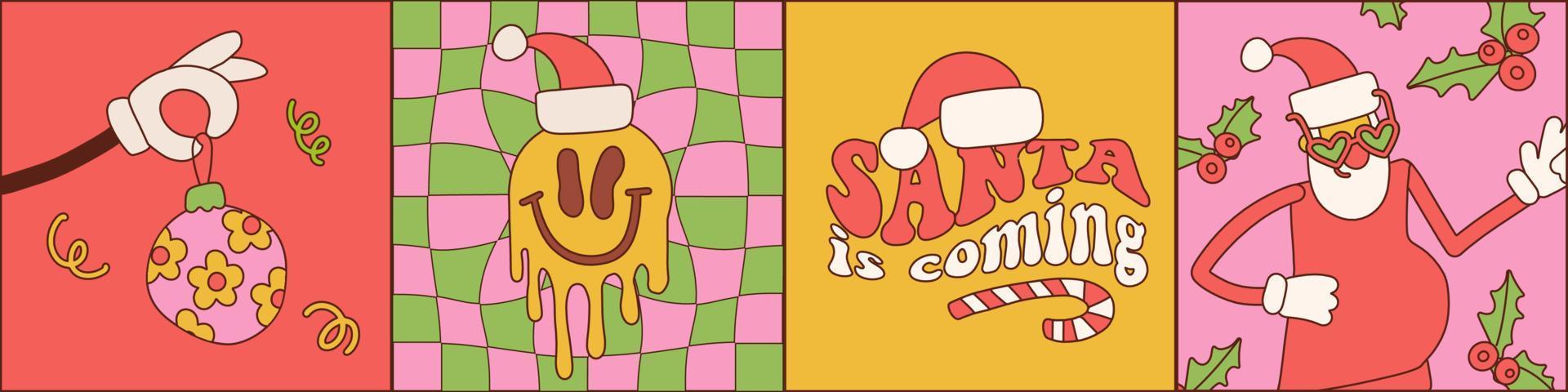 häftig hippie jul hälsning kort uppsättning. santa claus, handskar hand med jul träd leksak, leende emoji i trendig retro tecknad serie stil. Lycklig ny år affisch, skriva ut, inbjudan. vektor komisk design.