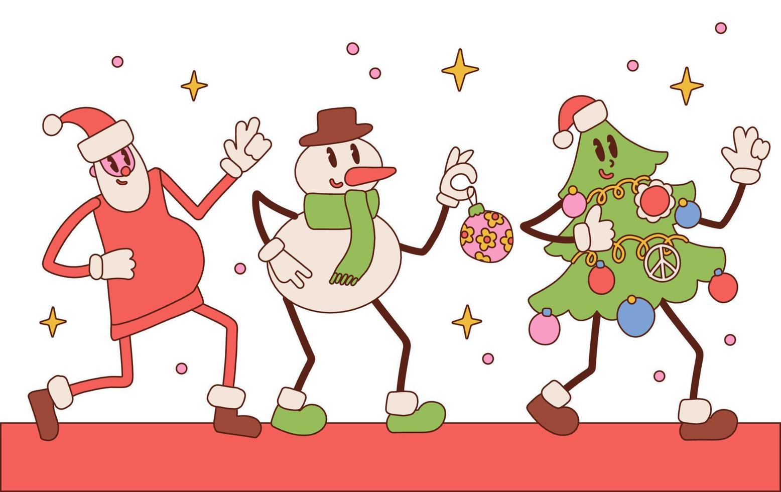 Reihe von groovigen Hippie-Weihnachtsmaskottchen - Weihnachtsmann, Weihnachtsbaum, Schneemann im trendigen Retro-Cartoon-Stil. groovige Packung Comicfiguren. vektor handgezeichnete illustration.