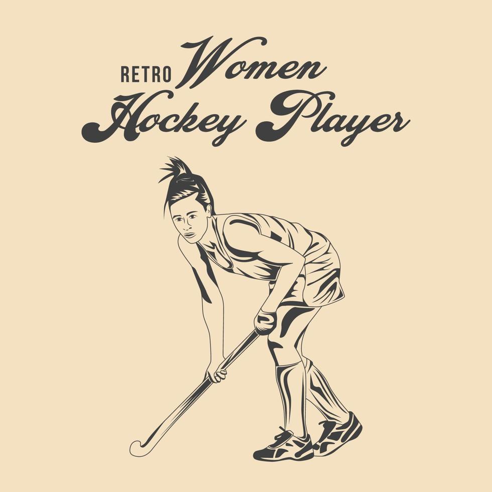 retro kvinnor hockey spelare vektor stock illustration