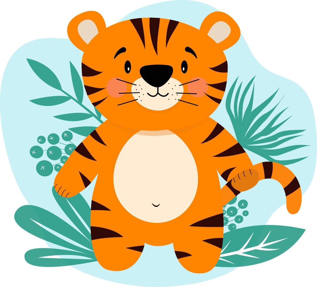 söt tecknad serie tiger kommande från de skog, isolerat på en vit bakgrund. rolig tiger är de symbol av 2022. vektor illustration av en tecknad serie tiger. ny år, jul, högtider, reklam hjälte.