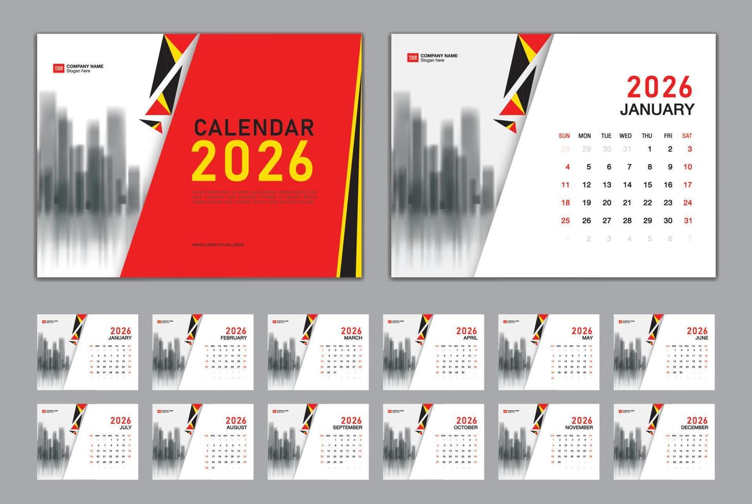 kalender 2026 mall uppsättning vektor, vecka börjar söndag, uppsättning av 12 månad, skrivbord kalender 2026 år, vägg kalender 2026 layout, företag mall, brevpapper design, utskrift media, röd omslag design vektor