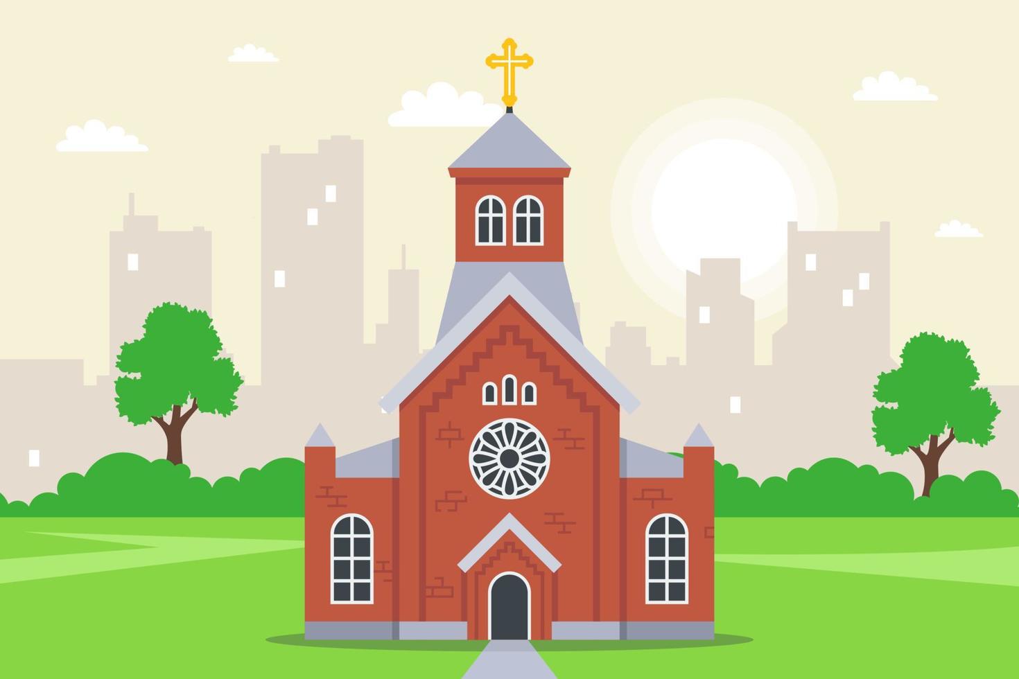 röd tegel kristen kyrka. Fasad av en religiös byggnad. platt vektor illustration.