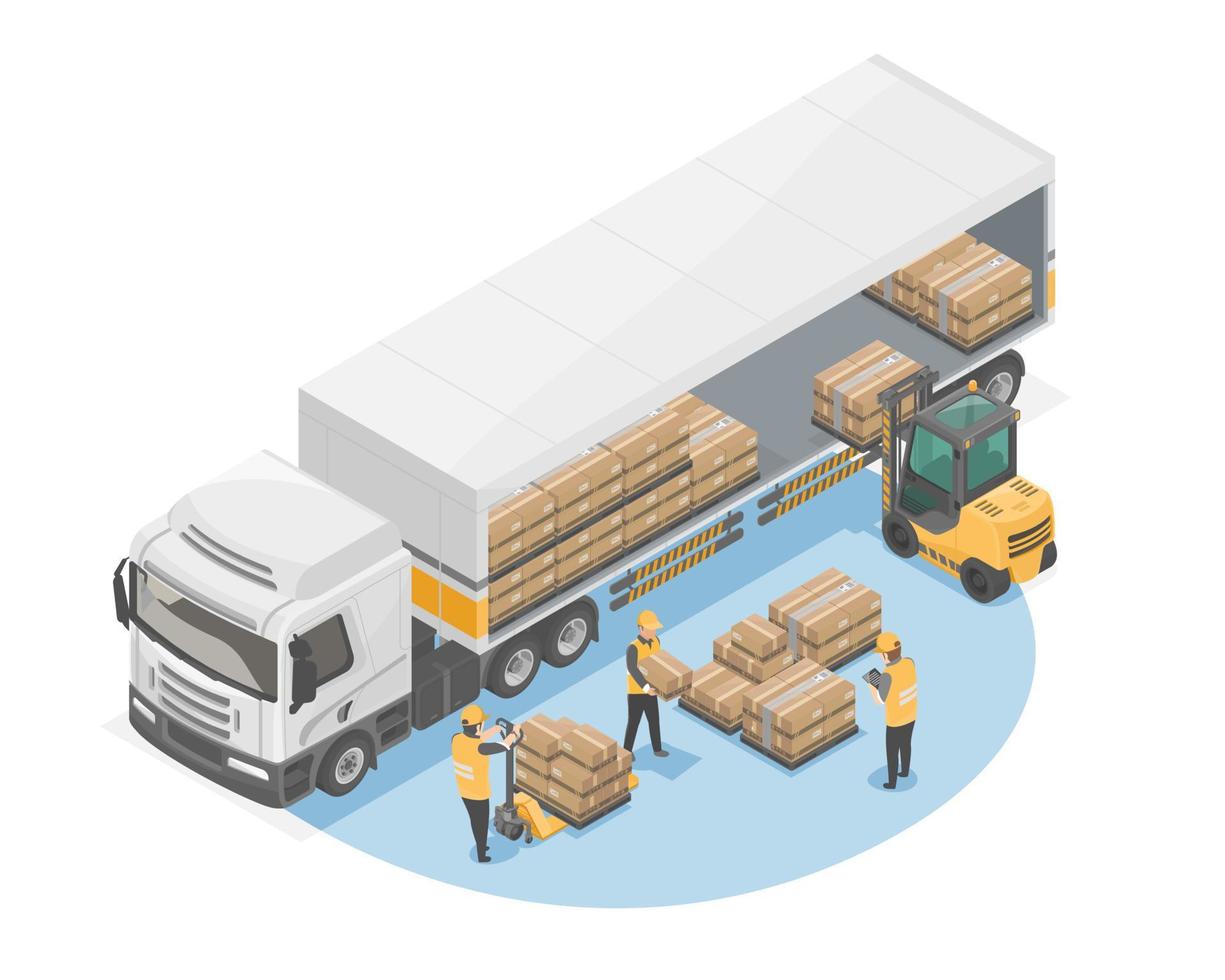 läser in pallar låda gaffeltruck isometrisk lager lastbil kartong låda i logistik företag leverans lastbil isolera vektor