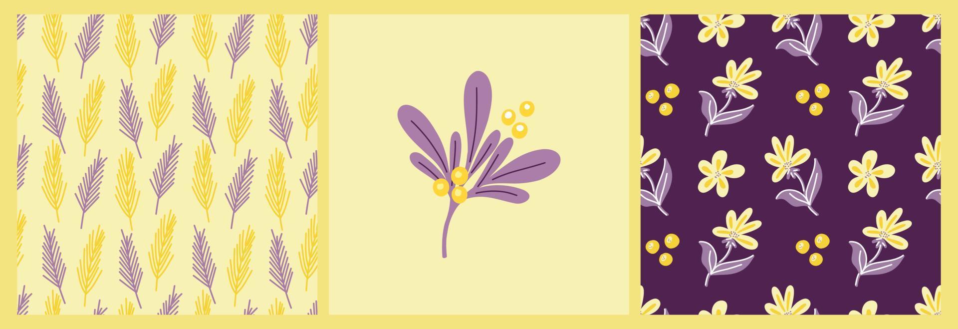 Vektorsatz von Mustern mit lila und gelber abstrakter Verflechtung von Blättern und Blumen auf einem farbigen Hintergrund. Botanisches Muster für Postkarten, Geschenke, Feiertage, Stoffe, Verpackungen vektor