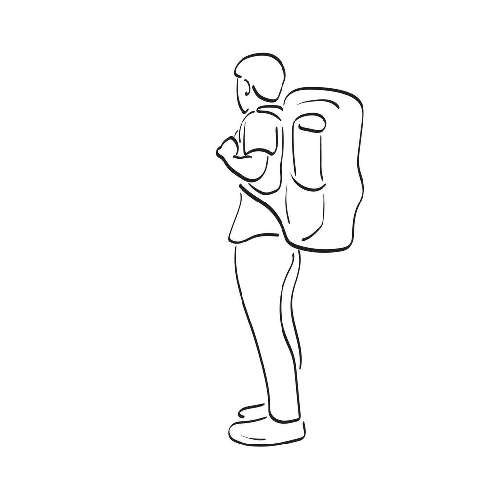 männlicher reisender mit seinem rucksack, der in der rückansicht steht, illustrationsvektorhand gezeichnet lokalisiert auf weißer hintergrundlinie kunst. vektor