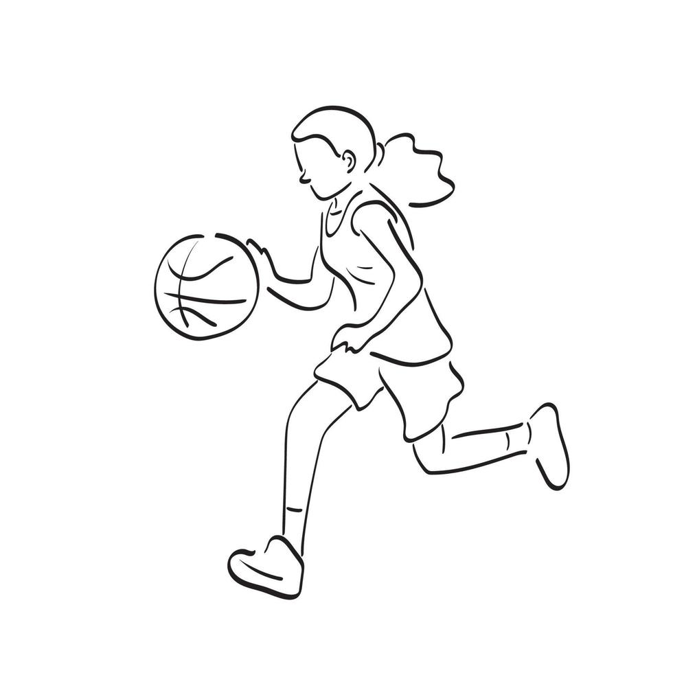 linje konst flicka spelar basketboll illustration vektor hand dragen isolerat på vit bakgrund