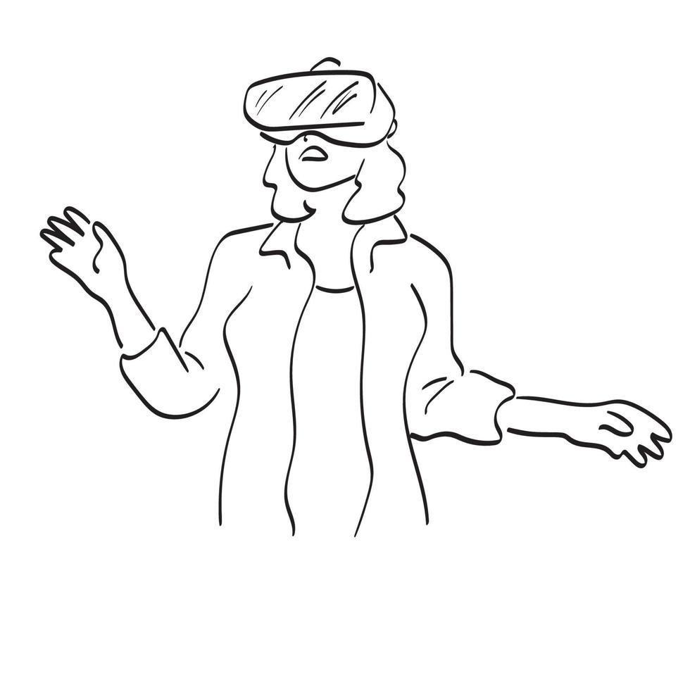 Linie Kunst Frau mit vr Brille Illustration Vektor handgezeichnet isoliert auf weißem Hintergrund