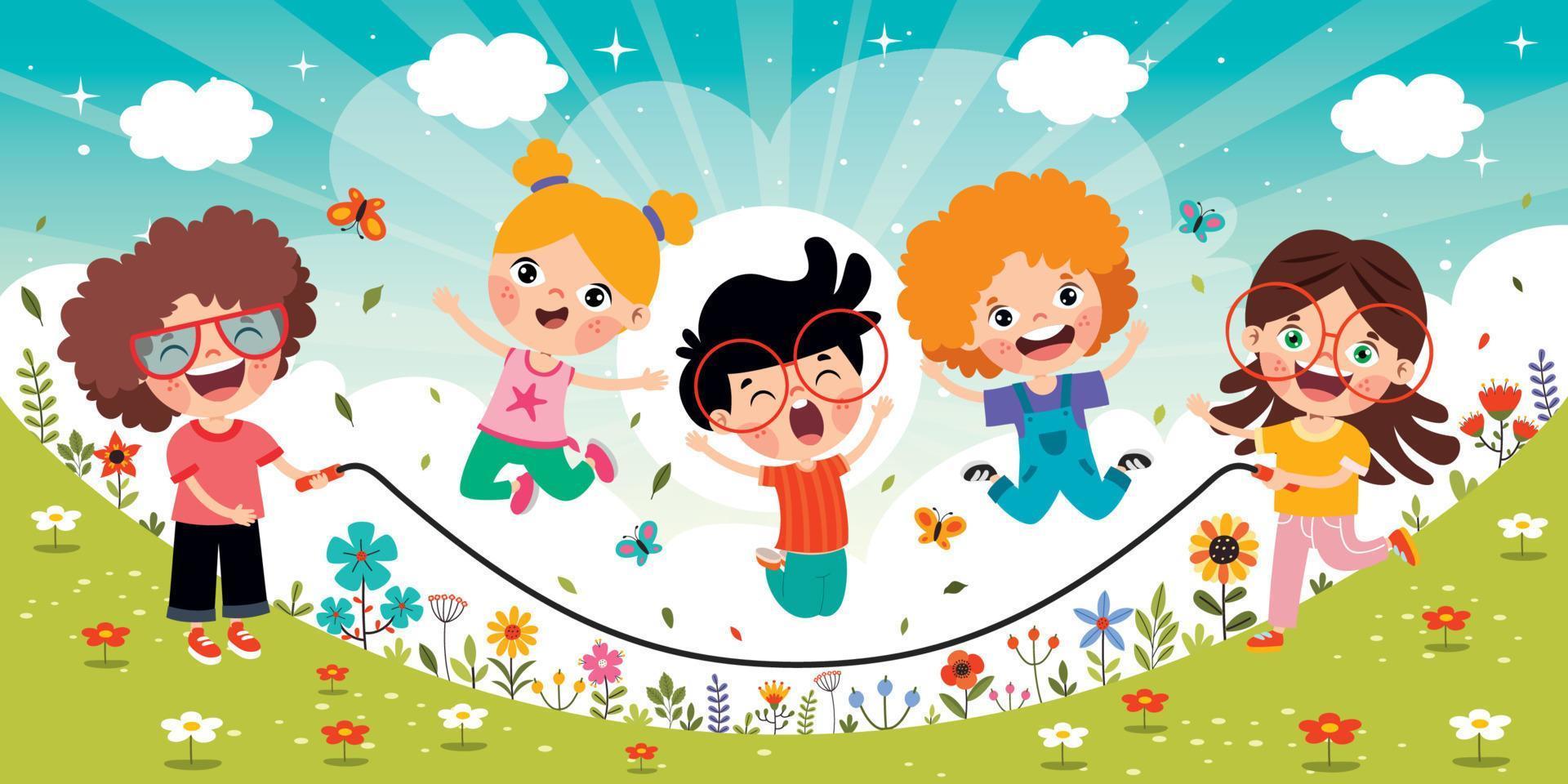 tecknad serie barn spelar Hoppar rep vektor
