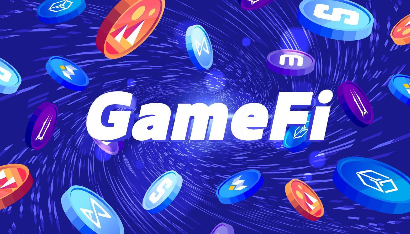 Banner mit Gamefi-Token-Kryptowährung. digitales Geld fällt. vektor