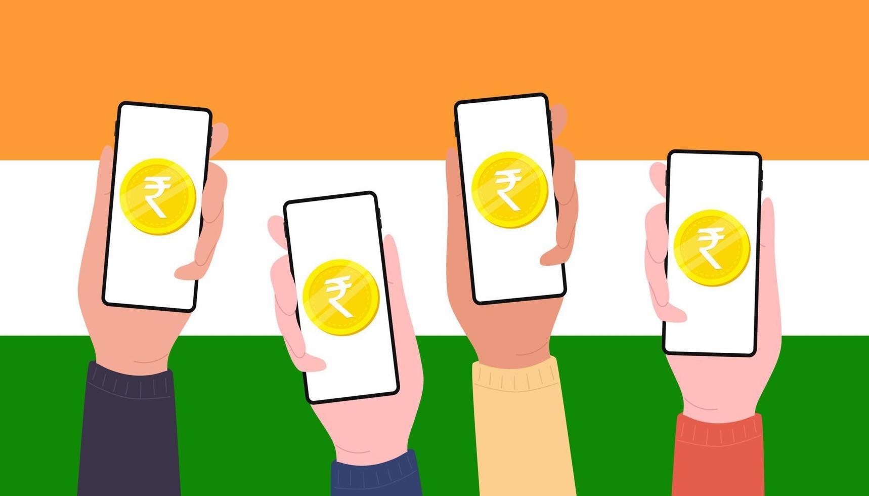 digital rupee mynt på mobil skärm av människor, cbdc valuta trogen digital pengar på Indien flagga bakgrund. vektor