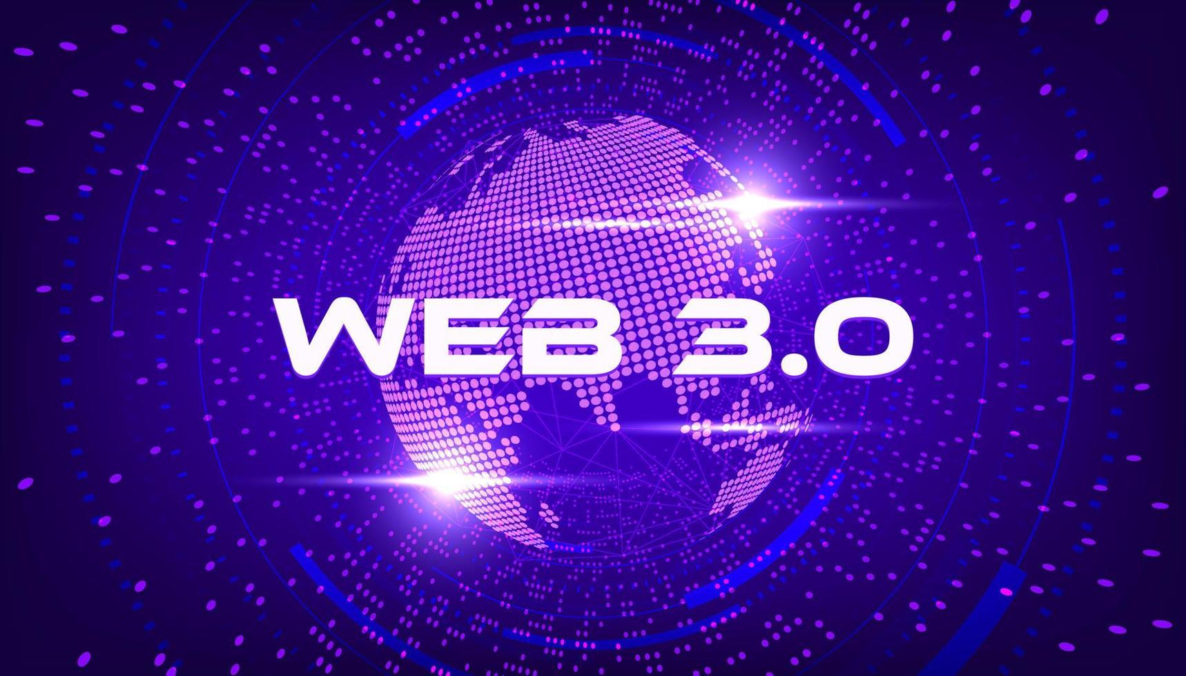 webb 3.0 text på punkt värld planet. ny version av de hemsida använder sig av blockchain teknologi, kryptovaluta, och nft konst. vektor. vektor