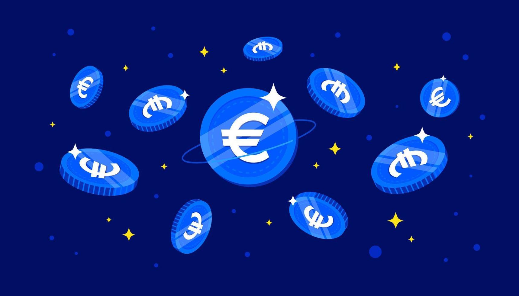 digitale Euro-Münzen auf blauem Hintergrund. Bannerhintergrund des Konzepts Banner der Europäischen Zentralbank EZB. vektor