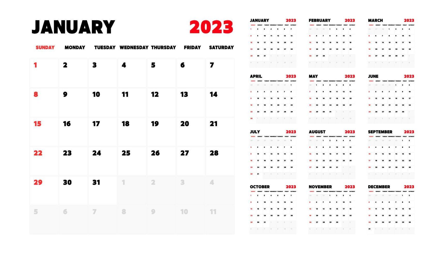 2023 kalender. de vecka börjar på söndag. årlig kalender 2023 mall. kalender design i svart och vit färger, söndag i röd färger. kalender planera vecka. vektor