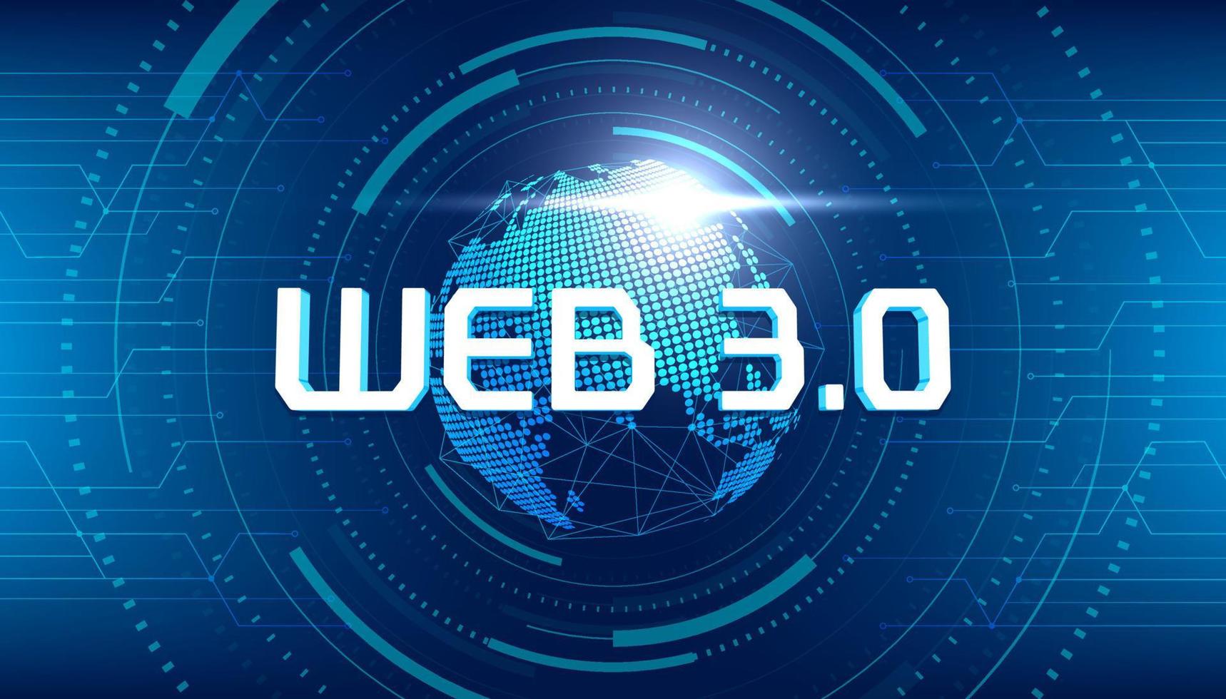 Web 3.0-Text auf dem Punktweltplaneten. neue Version der Website mit Blockchain-Technologie, Kryptowährung und nft-Kunst. Vektor. vektor