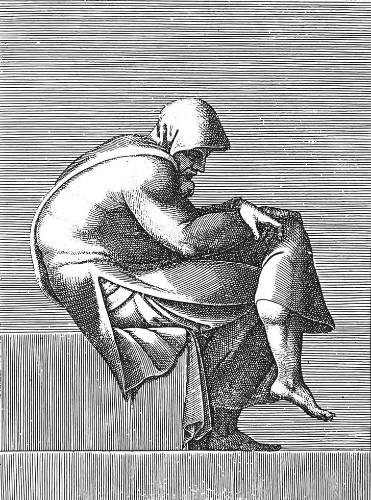 sittande gammal man, Adamo scultori, efter michelangelo, 1585, årgång illustration. vektor